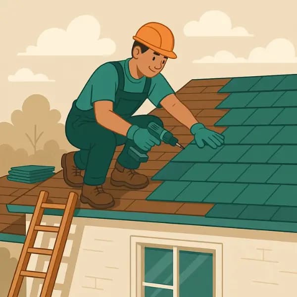 A cartoonic worker is replacing a roof