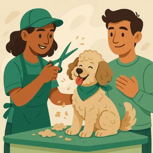 A dog groomer is trimming hair of a dog