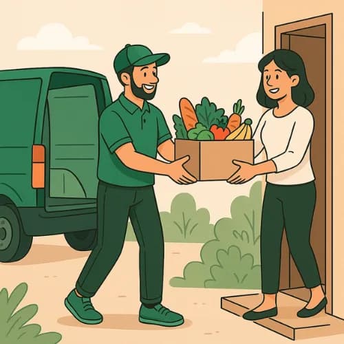 Grocery worker delivers order to customer