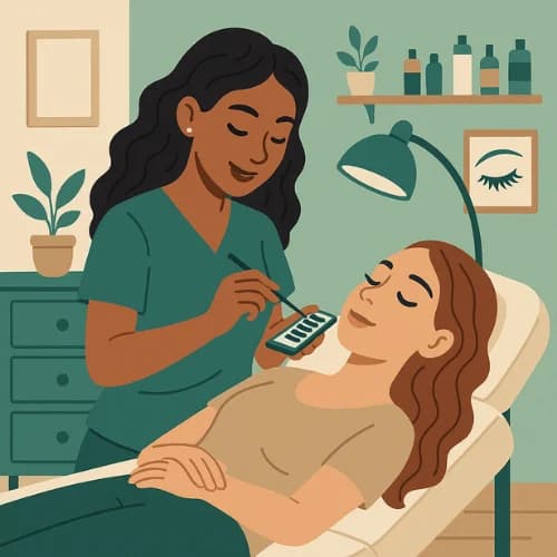 a lash artist designing a female client’s eyelashes
