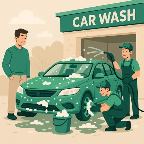 Car wash staff are washing a car while the owner is watching nearby