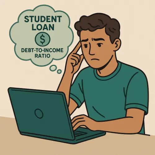 Cartoon person on laptop thinking about student loan debt