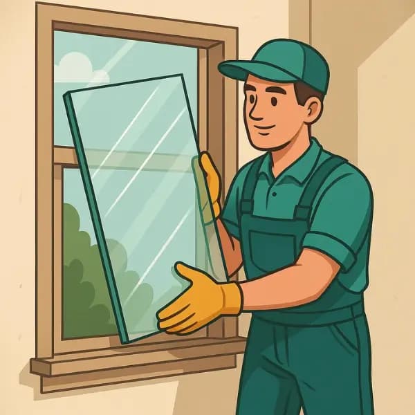 A worker is replacing window glass