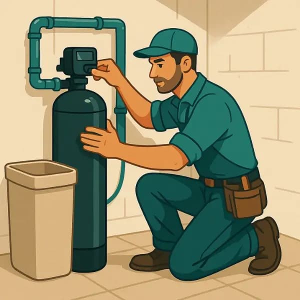 A worker is installing water softener