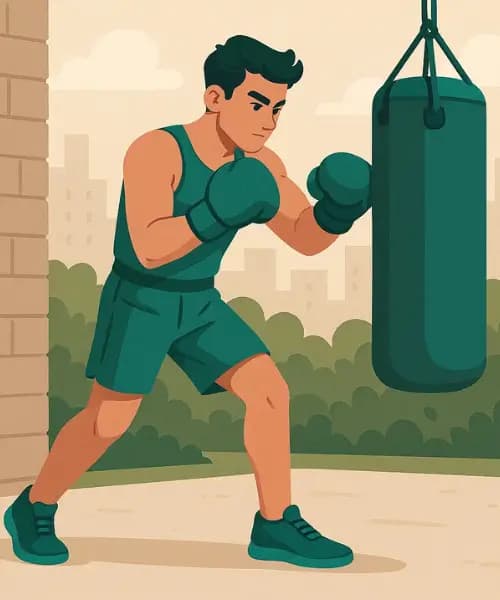 A boy is practicing boxing