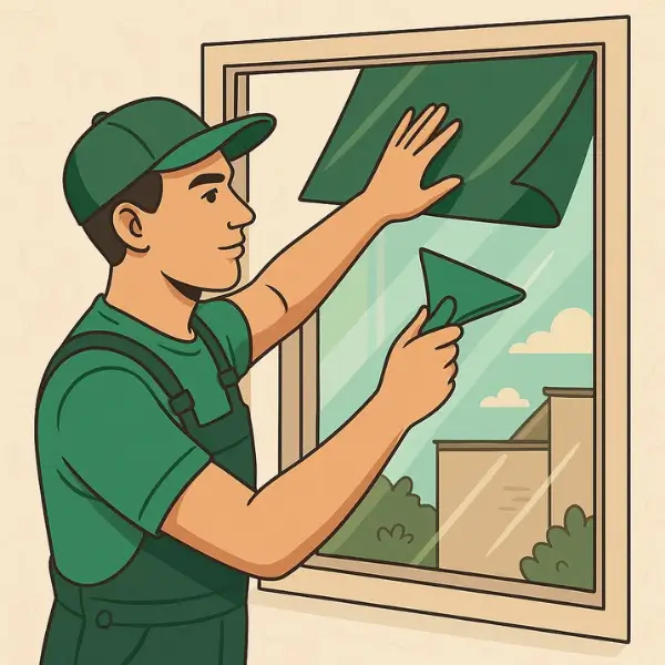 A worker is installing window tint